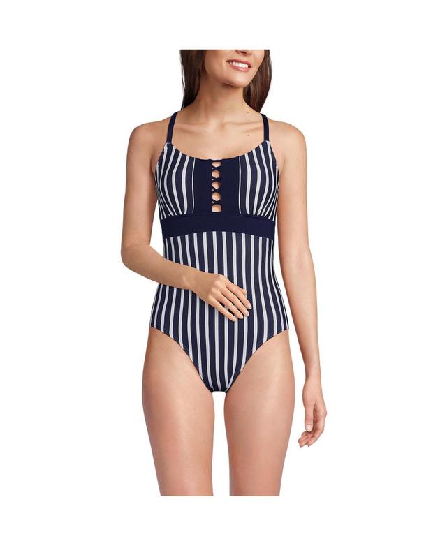 Lands End Womens Chlorine Resistant Lace Up One Piece Swimsuit - Deep sea Product Image