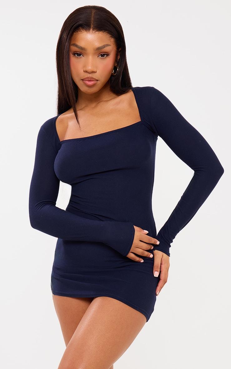 Navy Soft Touch Square Neck Long Sleeve Bodycon Dress Product Image