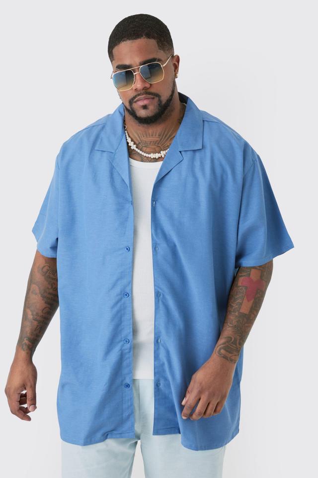 Mens Plus Linen Oversized Revere Shirt In Blue, Blue Product Image