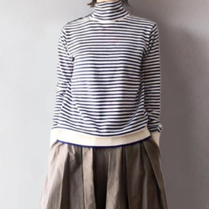 Set: Long Sleeve Turtleneck Striped Top + Elastic Waist Plain Pleated Maxi A-Line Skirt product image