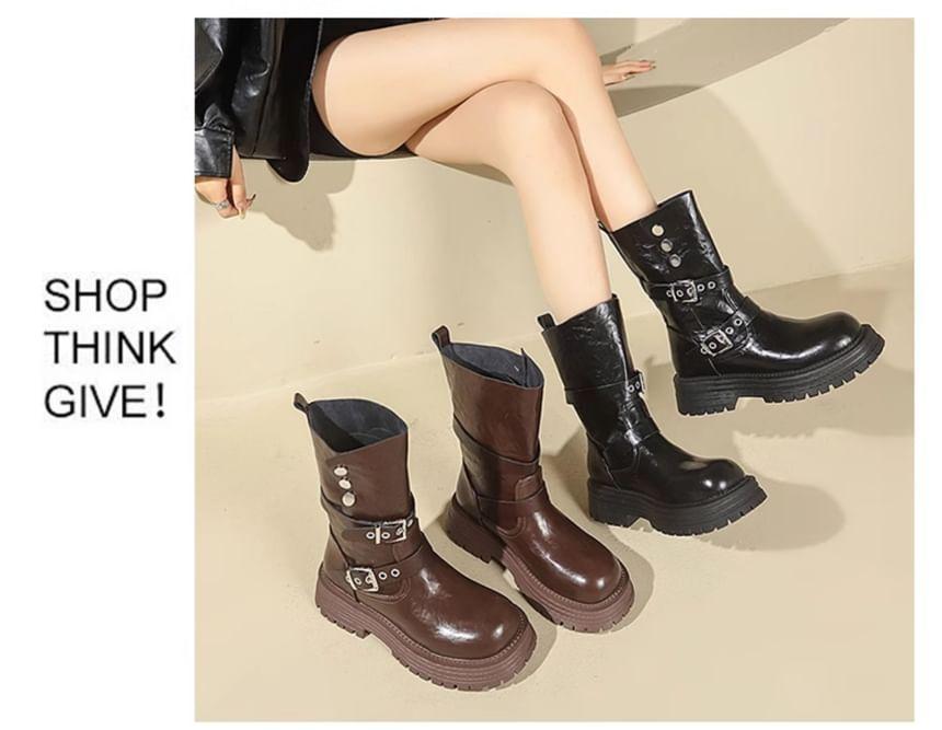 Platform Plain Buckled Mid Calf Boots Product Image