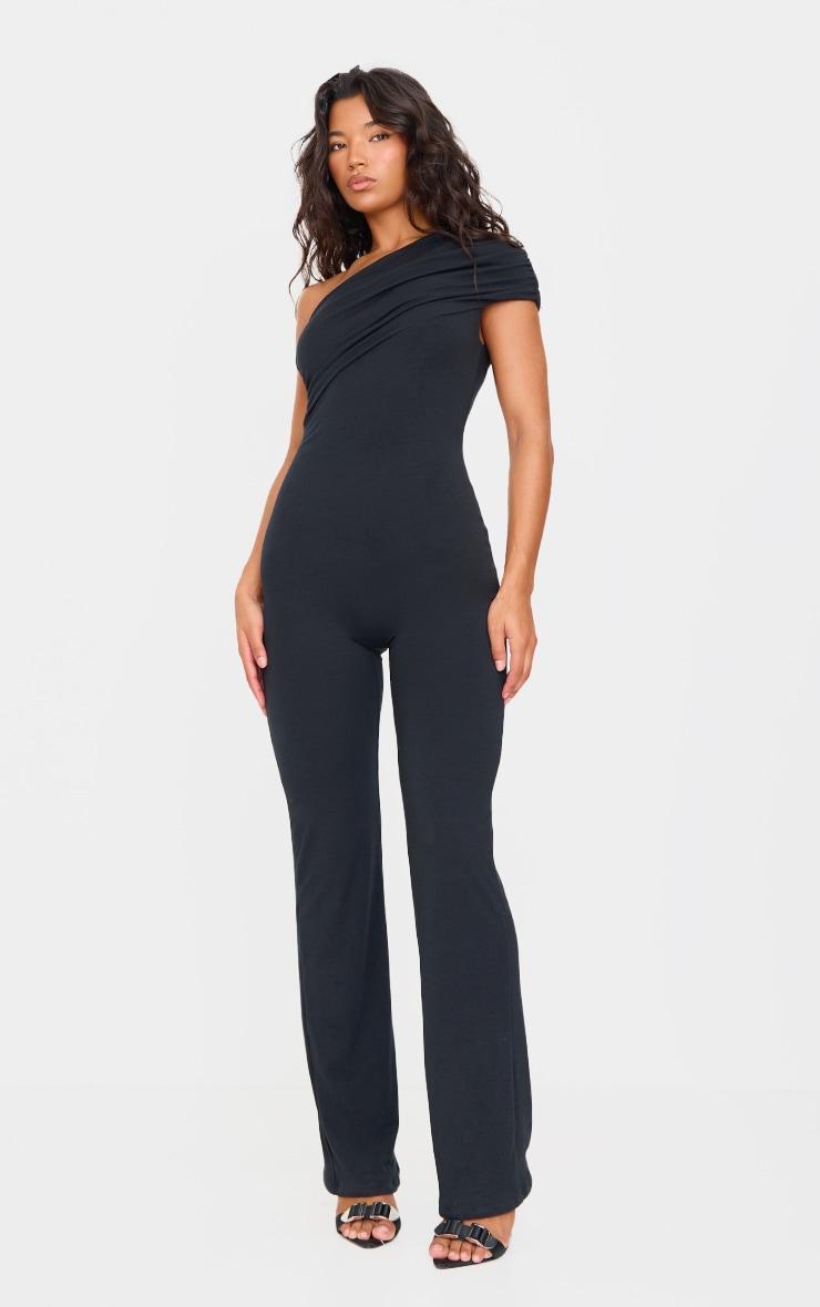 Black Double Layer Contour Jersey Asymmetric Ruched Detail Jumpsuit Product Image