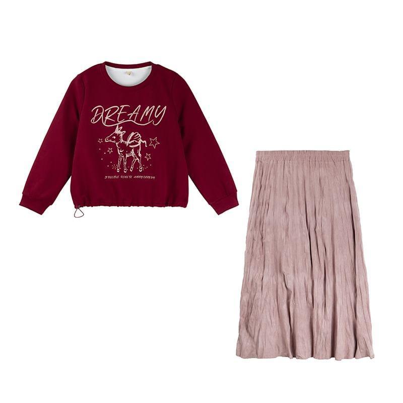 Plus Size Set: Long-Sleeve Crewneck Lettering Tee + High Rise Maxi A-Line Skirt Product Image