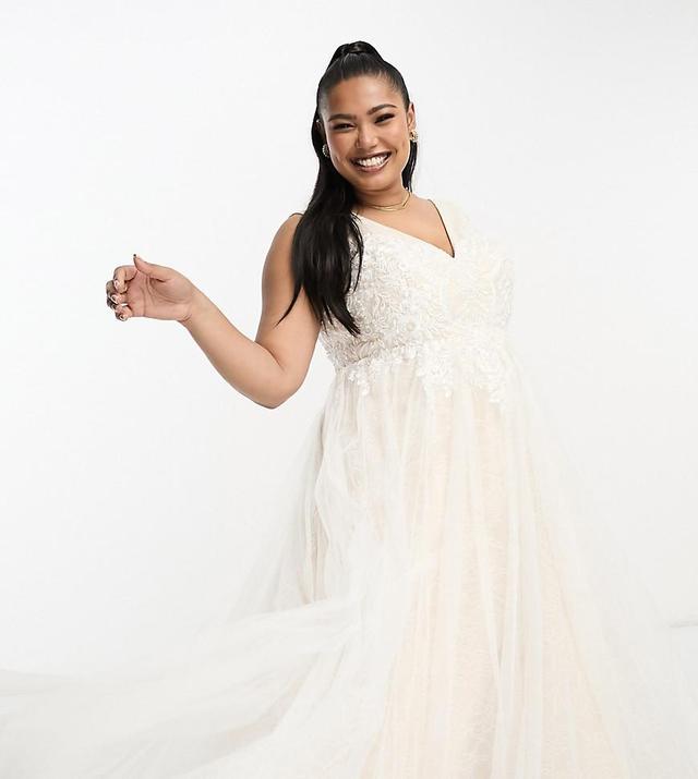 ASOS DESIGN Curve Sienna bead and embroidered plunge bodice wedding dress with lace underlay in ivory Product Image