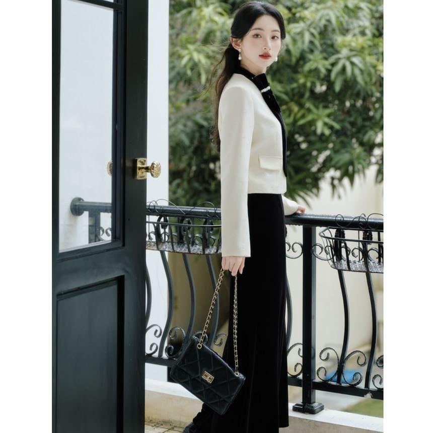 Set: Stand Collar Two Tone Jacket + Mid Waist Plain Midi A-Line Skirt Product Image