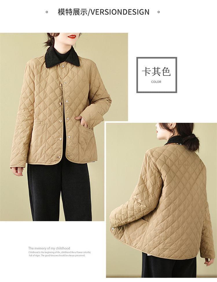 Contrast Collar Quilted Button-Up Jacket Product Image