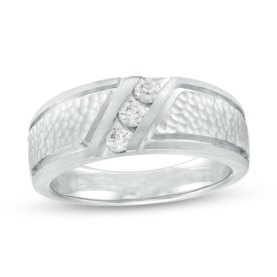 Men's 1/3 CT. T.w. Diamond Textured Shank Three Stone Wedding Band in 10K White Gold Product Image