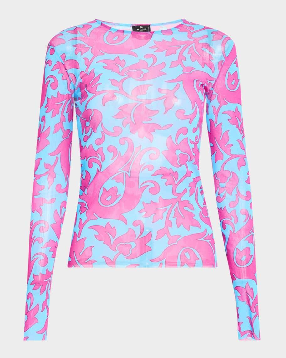 Tile-Print Long-Sleeve Mesh Top Product Image