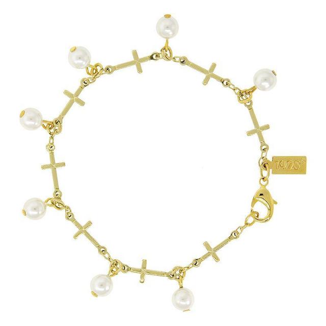 Symbols of Faith 14K Gold Dipped Multi Cross Faux Pearl Link Bracelet, Womens, White Product Image