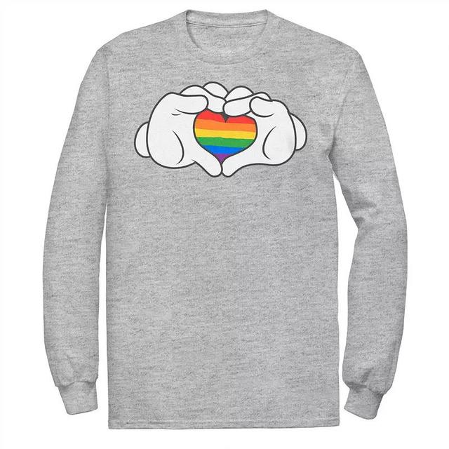 Disneys Mickey Mouse Big & Tall Rainbow Fill Heart Shaped Hands Long Sleeve Tee, Mens Athletic Grey Product Image