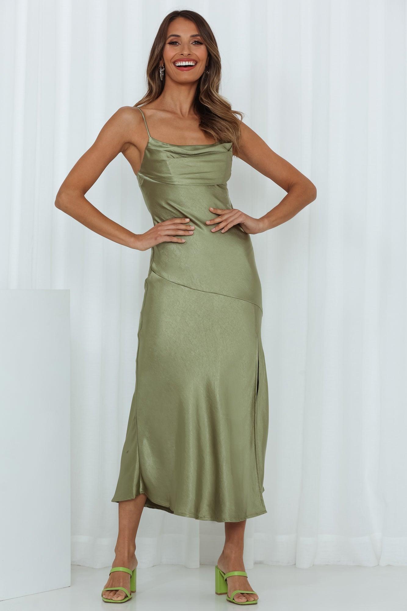 A Little Whisper Satin Midi Dress Olive  Product Image