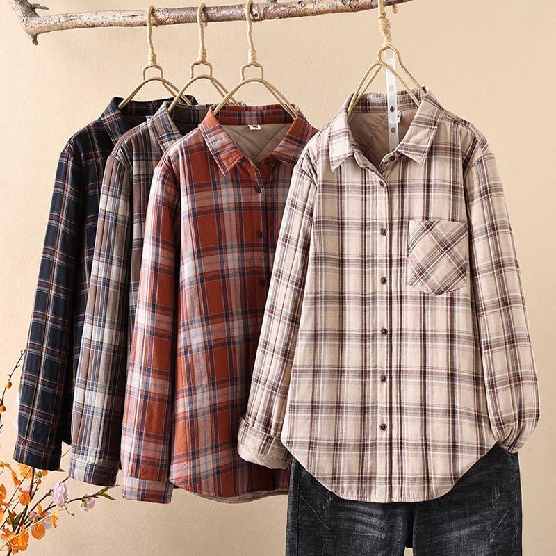 Collar Plaid Pocket Detail Padded Button Shacket Product Image