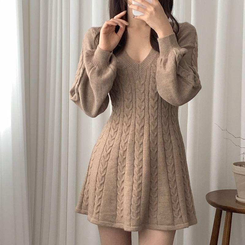 Long-Sleeve V-Neck Plain Cable Knit Mini A-Line Sweater Dress Product Image