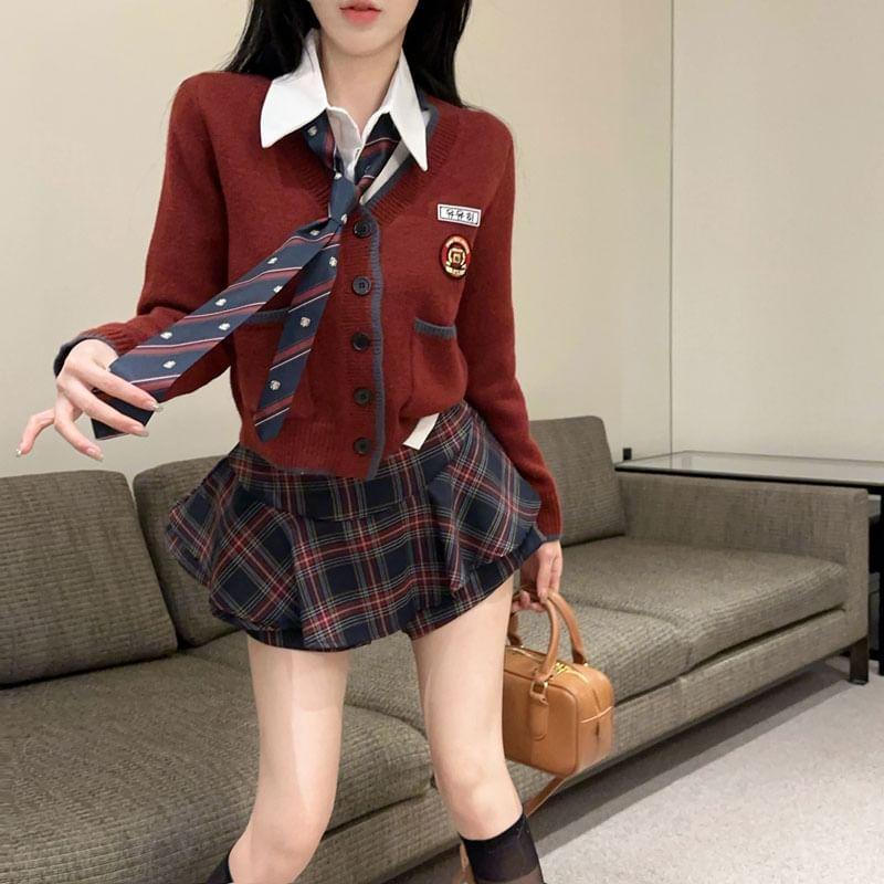 V-Neck Applique Contrast Trim Cardigan / Necktie / Long Sleeve Collared Plain Shirt / High Waist Plaid Mini A-Line Skort / Set Product Image