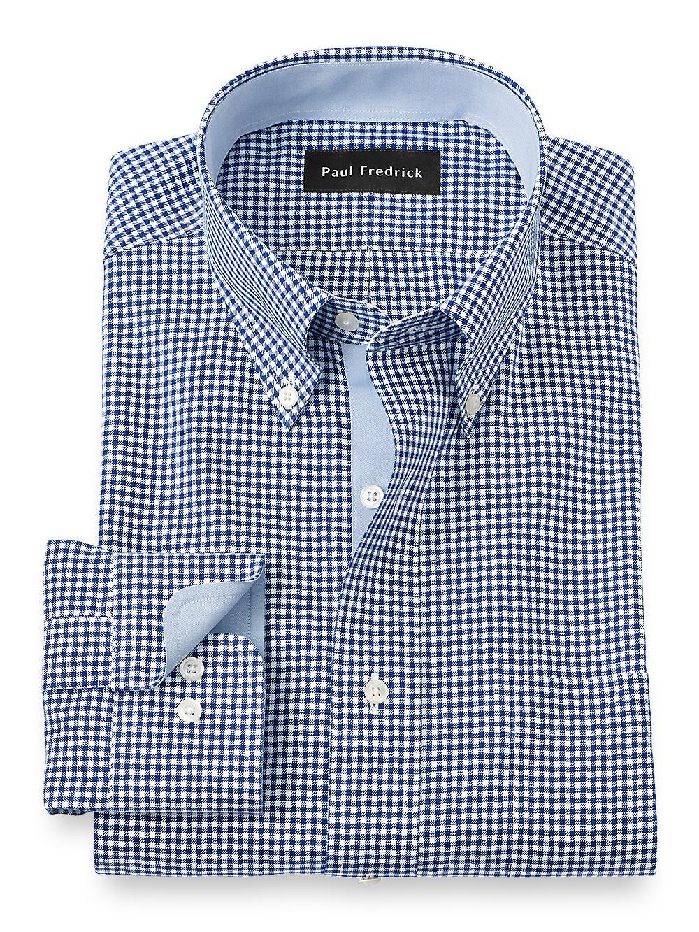 Non-Iron Cotton Check Dress Shirt With Contrast Trim - Blue Product Image