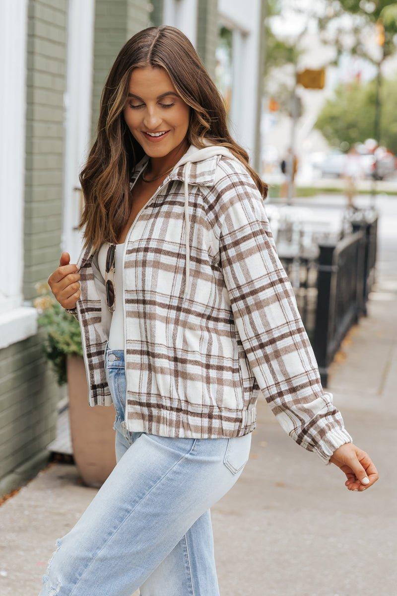 Brown Plaid Hooded Zip Up Jacket Product Image