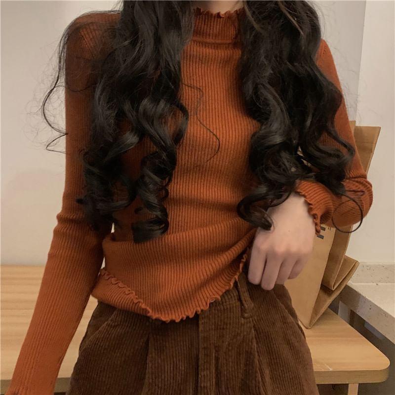 Long-Sleeve Mock Neck Plain Lettuce Edge Slim Fit Knit Top Product Image