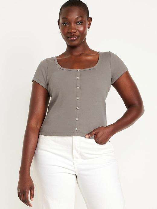 Rib-Knit Button-Down Top Product Image