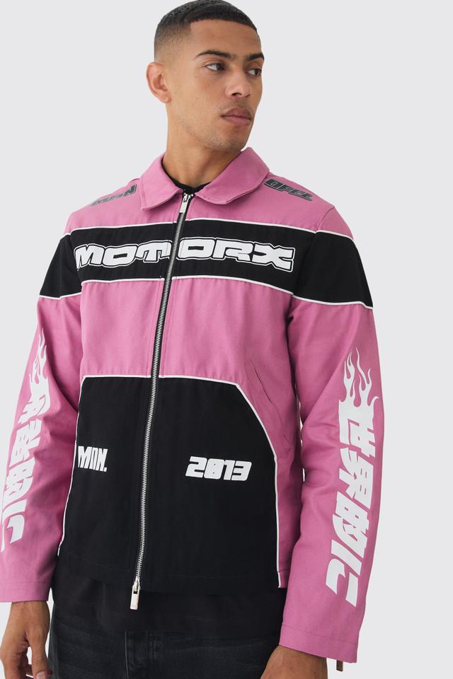 Mens Pink Collared Twill Moto Jacket, Pink Product Image