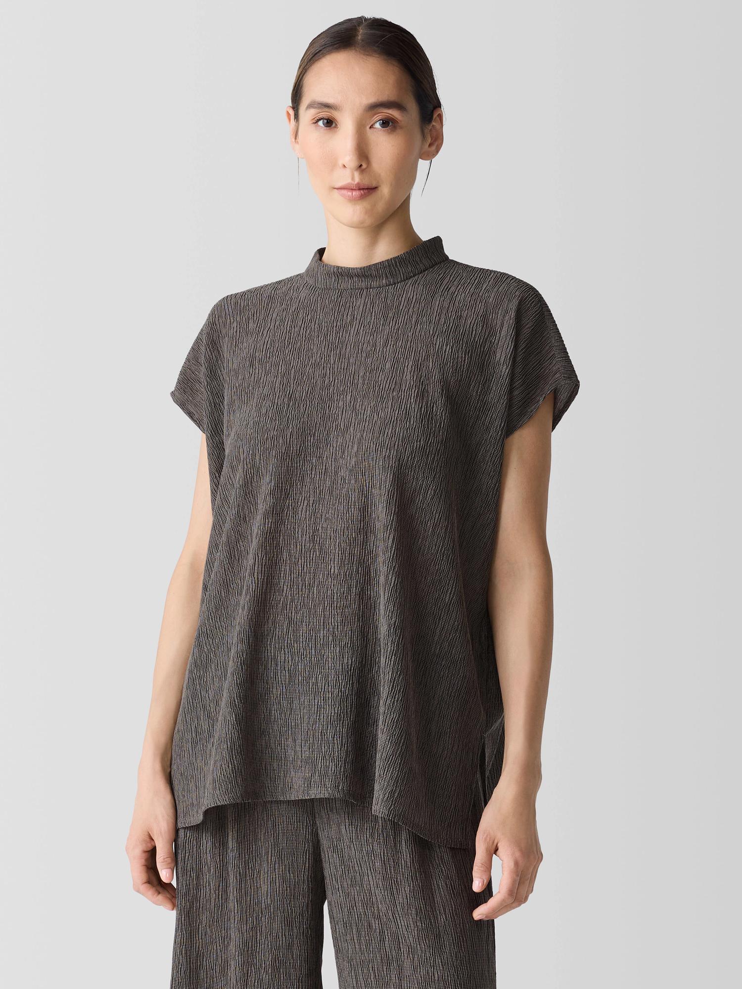 EILEEN FISHER Woven Plissé Mock Neck Topfemale Product Image