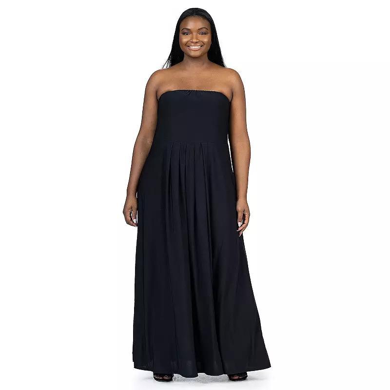 Plus Size 24Seven Comfort Apparel Pleated A Line Strapless Maxi Dress With Pockets, Womens Pink Product Image