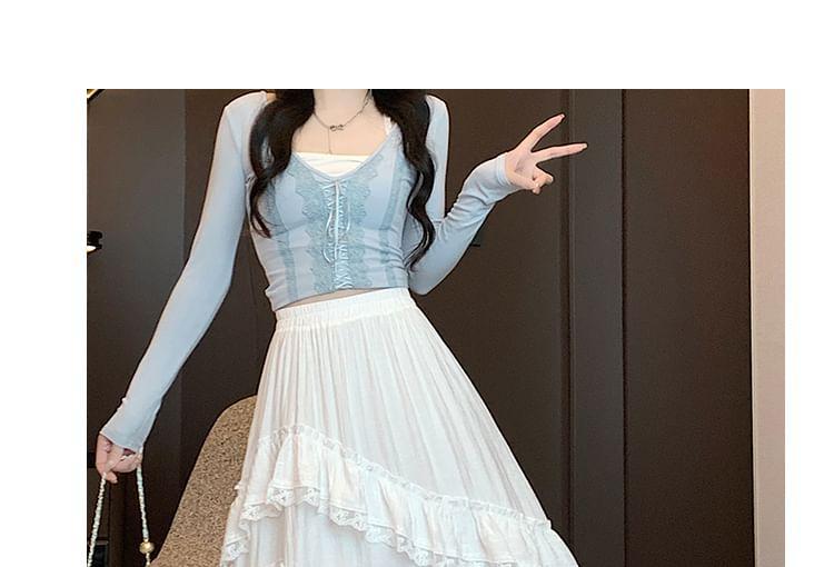 Elastic Waist Plain Slit Tiered Lace Trim Midi A-Line Skirt Product Image