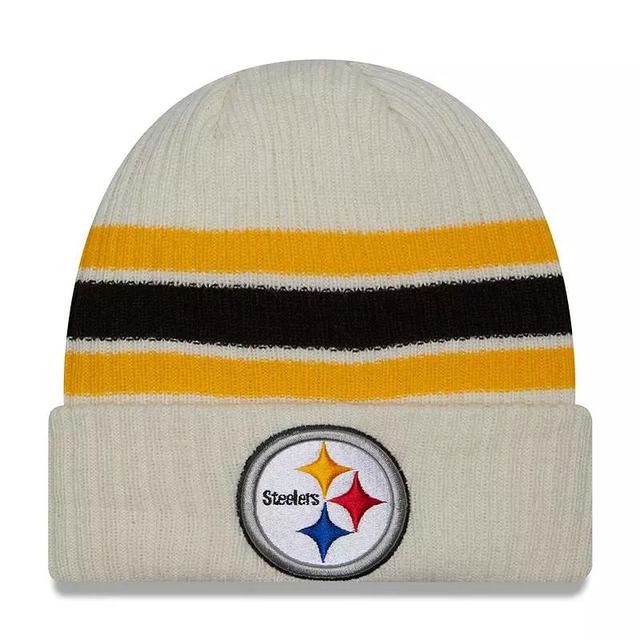 Mens New Era Cream Pittsburgh Steelers Team Stripe Cuffed Knit Hat Product Image