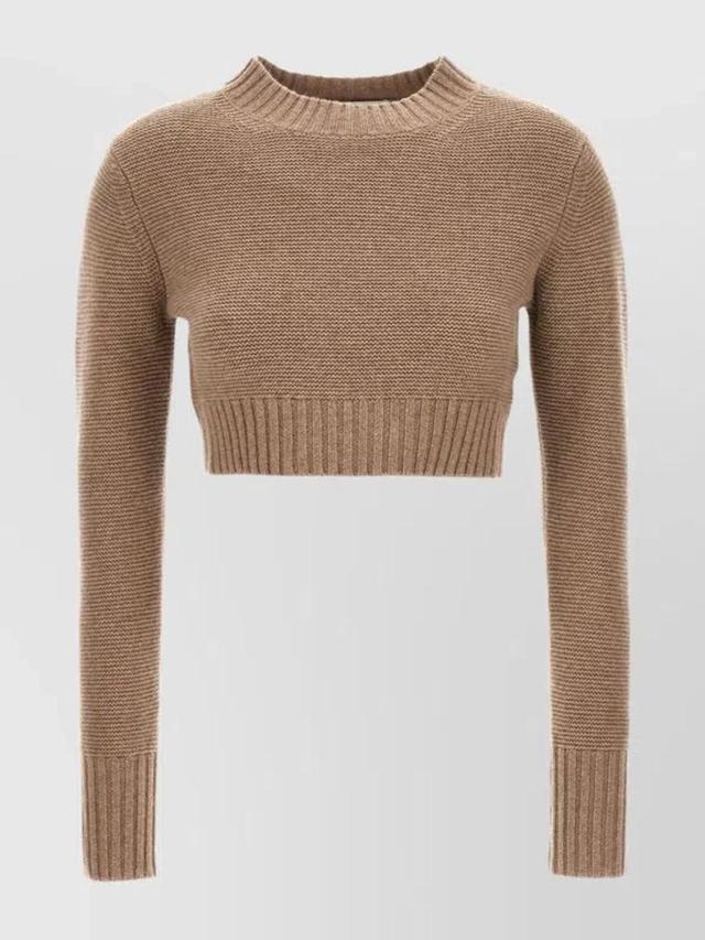 Short Round Neck Knit Sweater In Brown Product Image