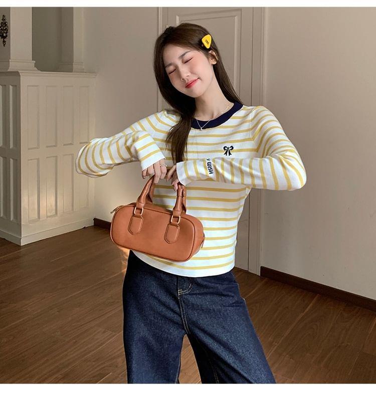 Long-Sleeve Round Neck Striped Bow Embroidered Contrast Trim Knit Top Product Image