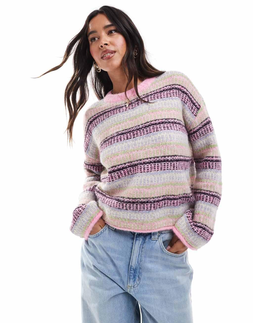 Vero Moda mixed stripe sweater in pink multi Product Image