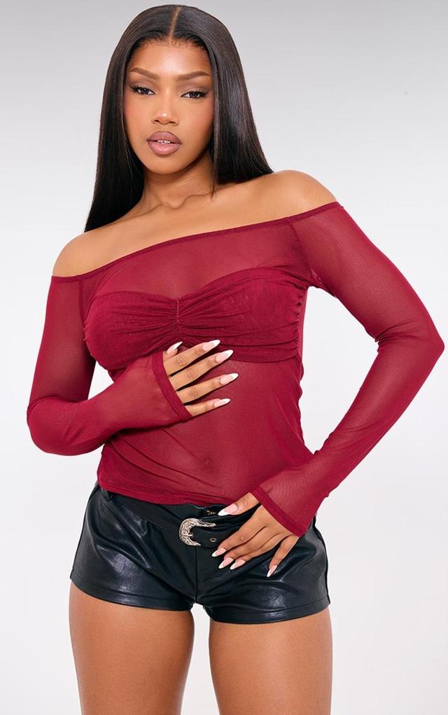 Burgundy Mesh Bardot Ruched Bust Detail Long Top Product Image