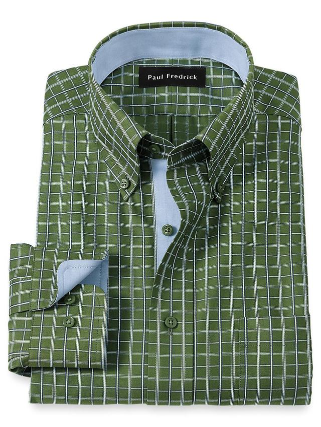 Non-Iron Cotton Windowpane Dress Shirt With Contrast Trim - Green Product Image