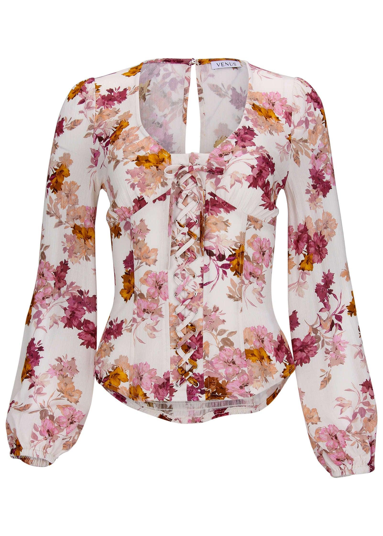 Deep V Lace Up Top - Autumn Bouquet Product Image