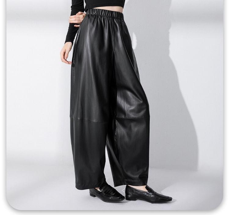 High Rise Plain Faux Leather Wide Leg Pants Product Image