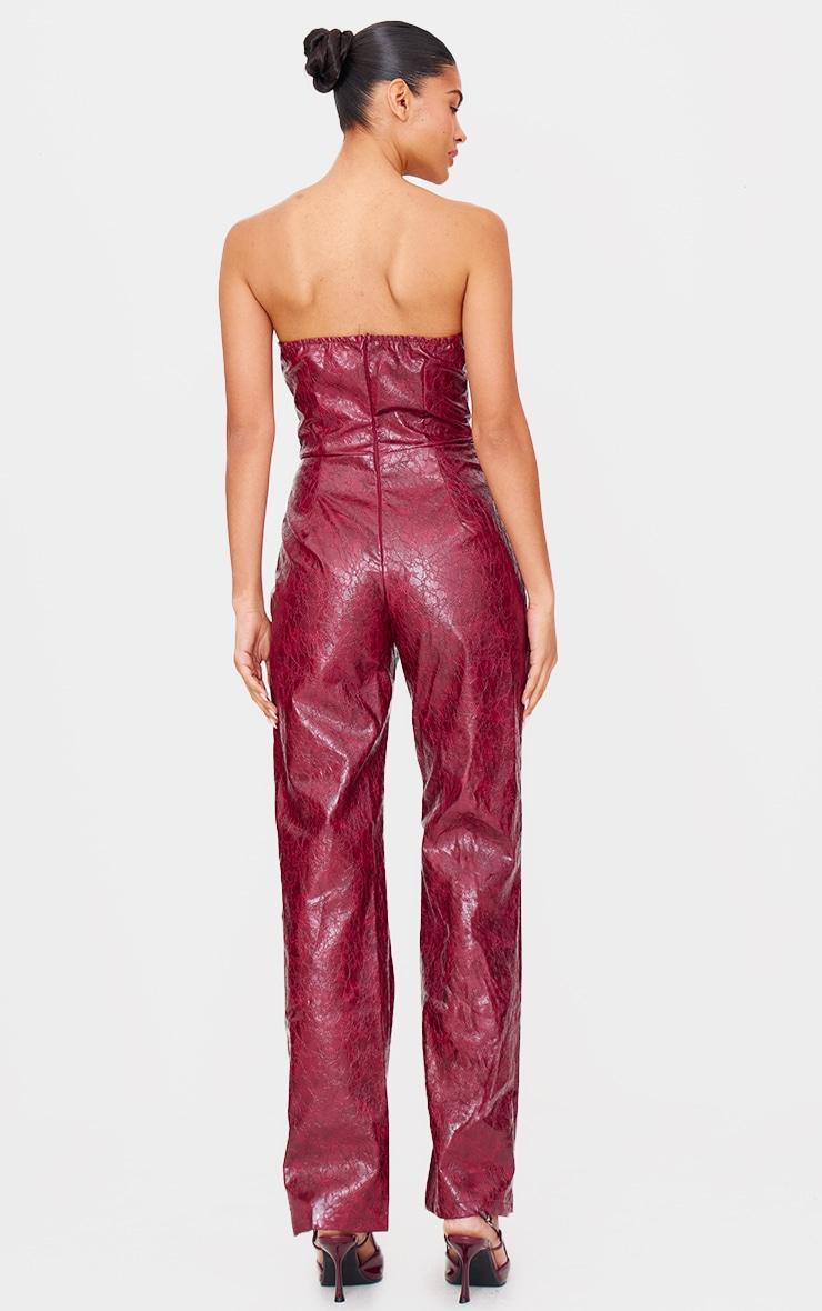 Burgundy Croc Faux Leather Bandeau Plunge Straight Leg Jumpsuit Product Image