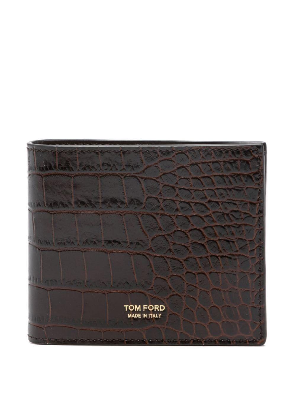 Brown Shiny Croc T Line Classic Bifold Wallet In Cognac Product Image