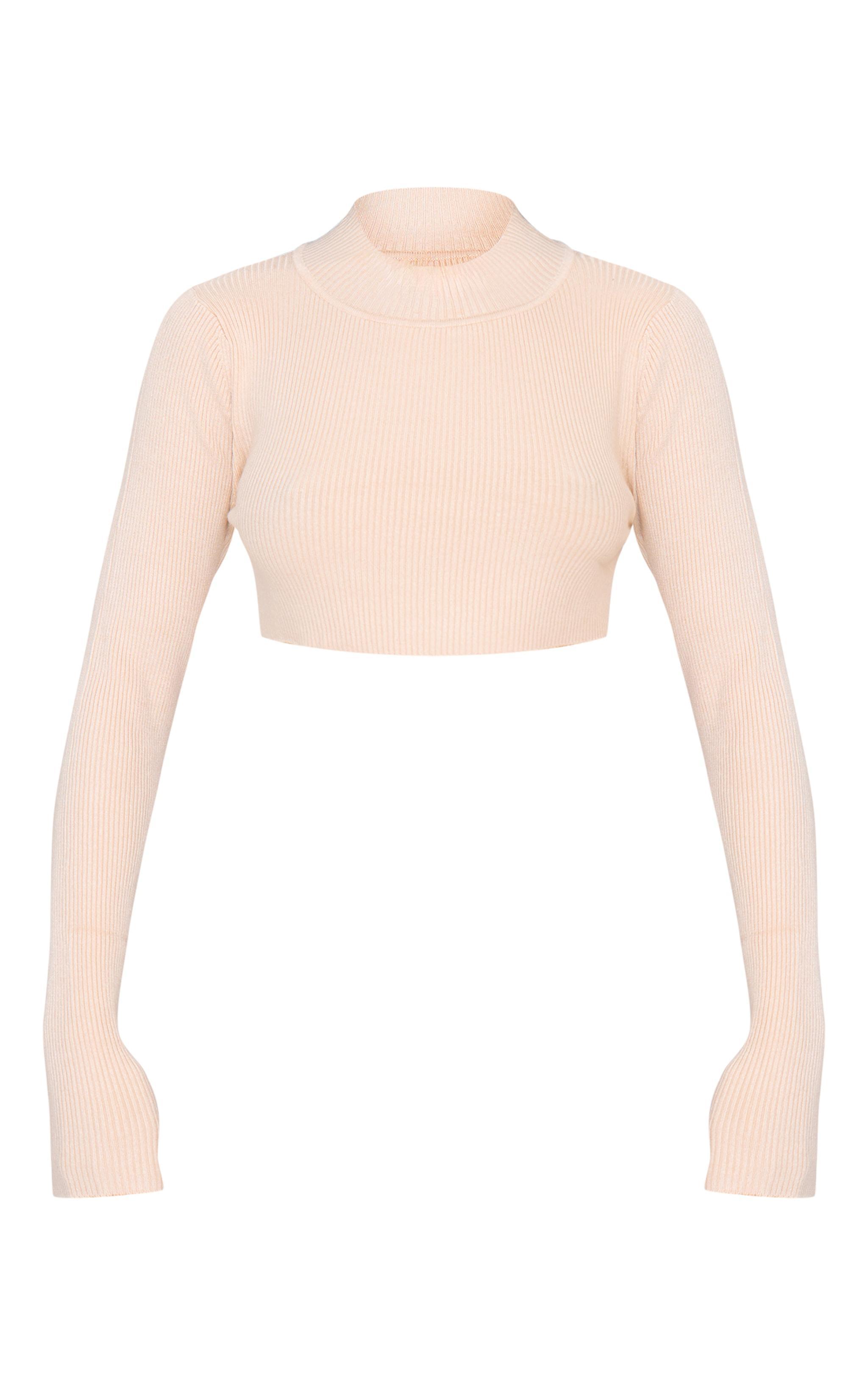 Oatmeal Knitted Cropped Crew Neck Sweater Product Image