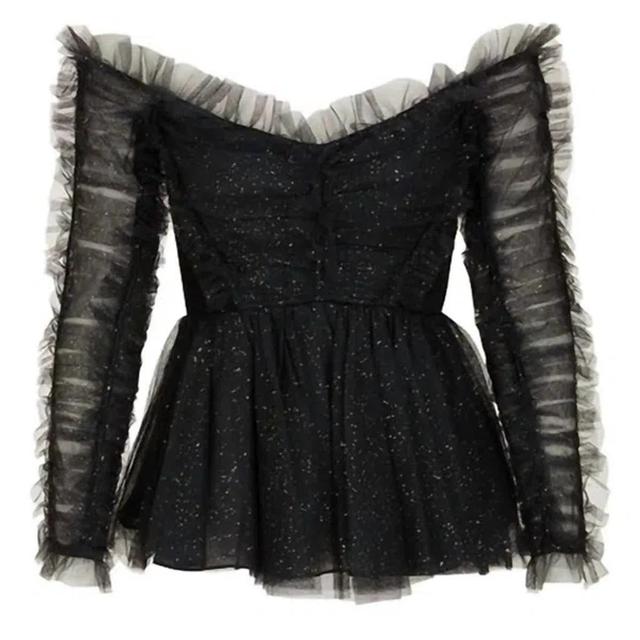 Prima Off-the-shoulder Ruffled Glittered Tulle Peplum Top In Black Product Image