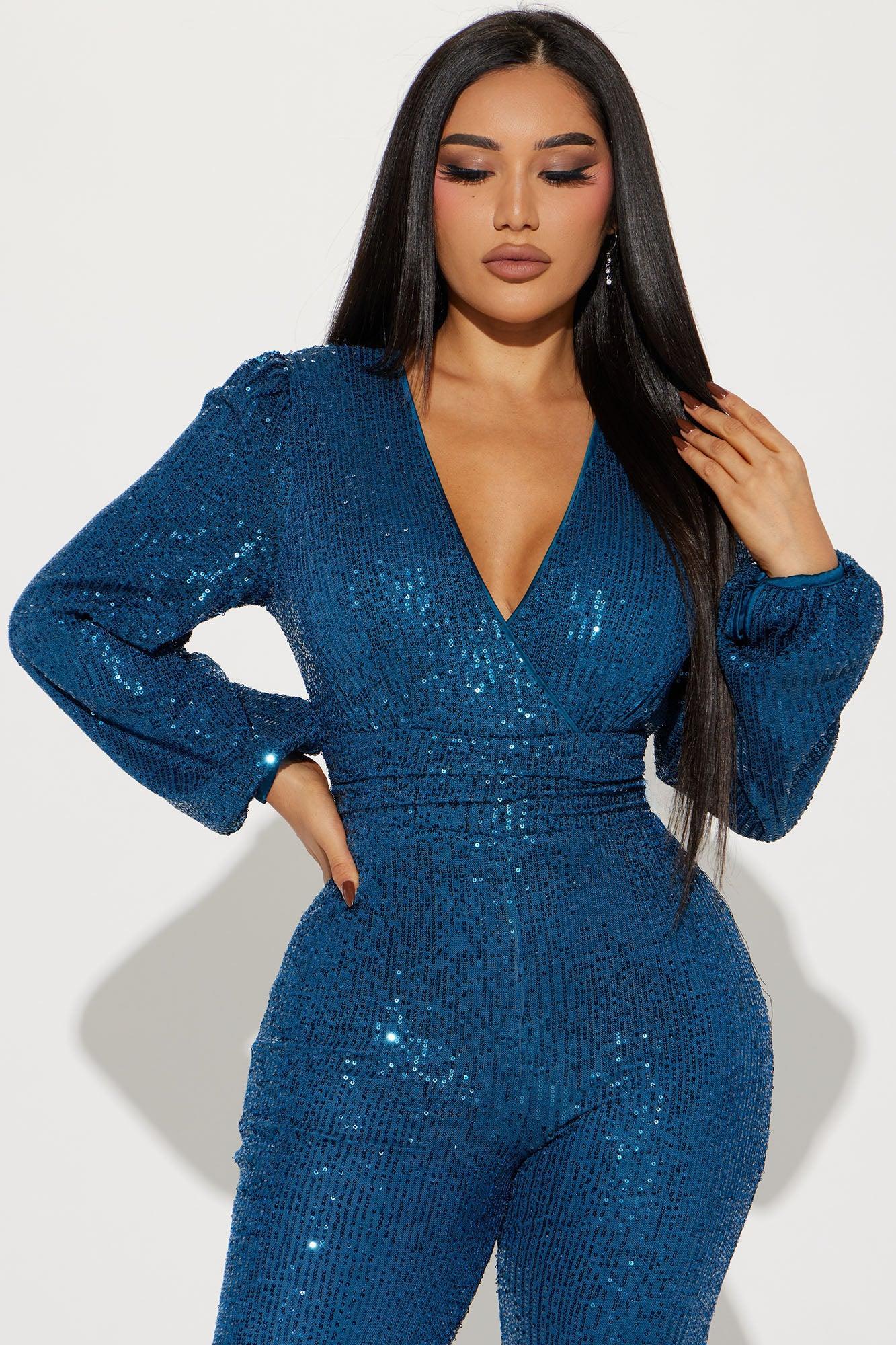 Spice It Up Sequin Jumpsuit - Teal Product Image