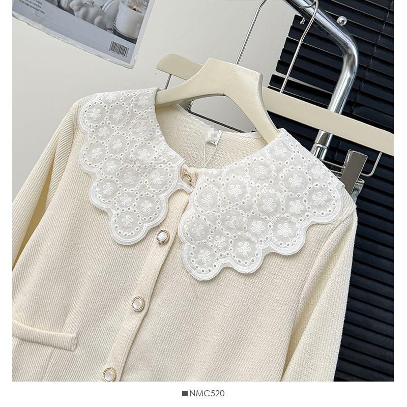 Lace-Collar Crew-Neck Cardigan in 5 Colors Product Image