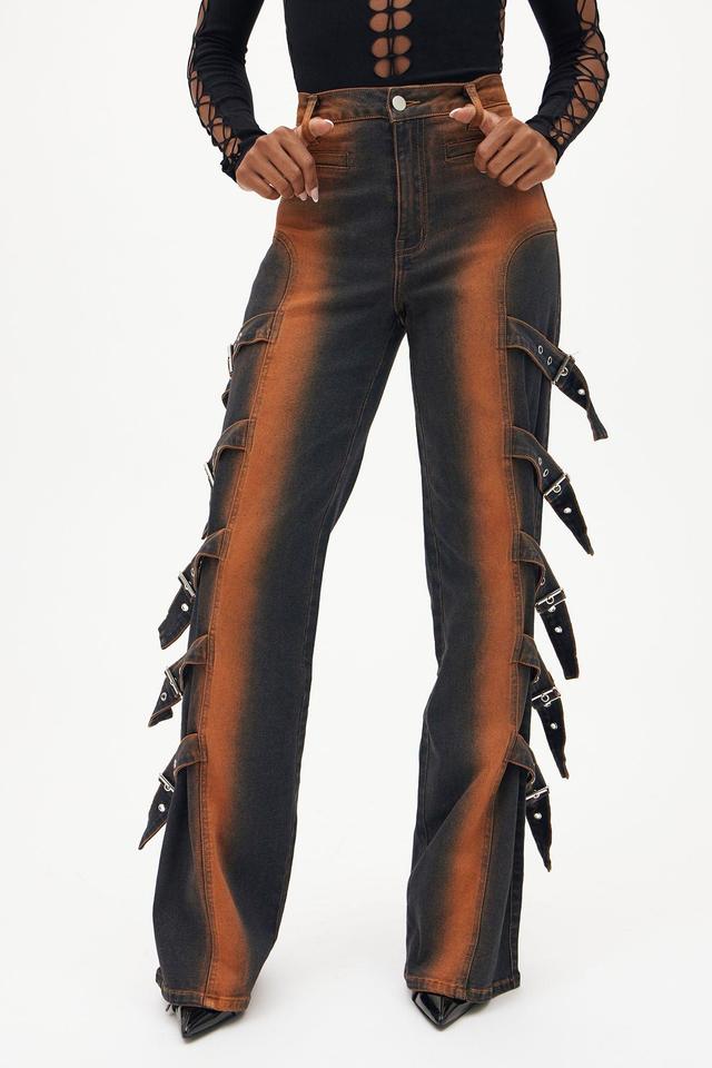 Living That Life Stretch Buckle Strap Flare Jeans - Rust Product Image