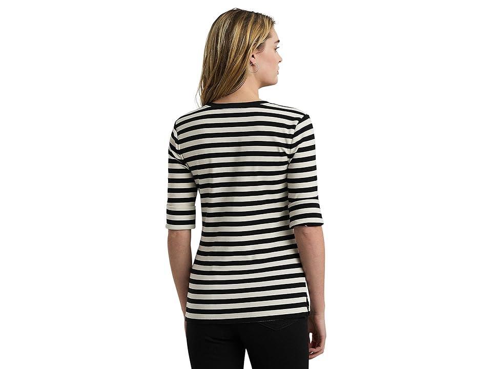 Lauren Ralph Lauren Striped Stretch Cotton Henley Tee (Black/Mascarpone Cream) Women's Clothing Product Image