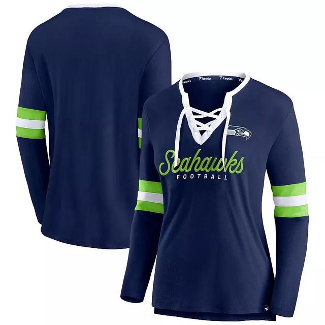 Womens Fanatics Branded College Seattle Seahawks Block Party Team Script Lace-Up Long Sleeve T-Shirt Blue Product Image