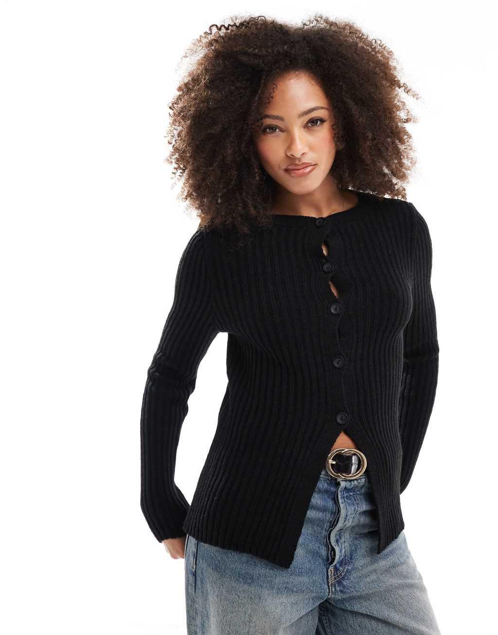 ASOS DESIGN crew neck cardigan with split hem in black product image