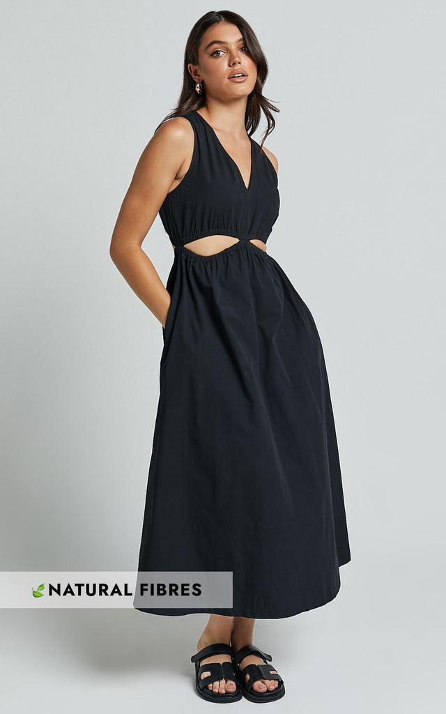 Celiana Midi Dress - Plunge Elastic Waist Cut Out Sleeveless A Line Dress in Black Product Image