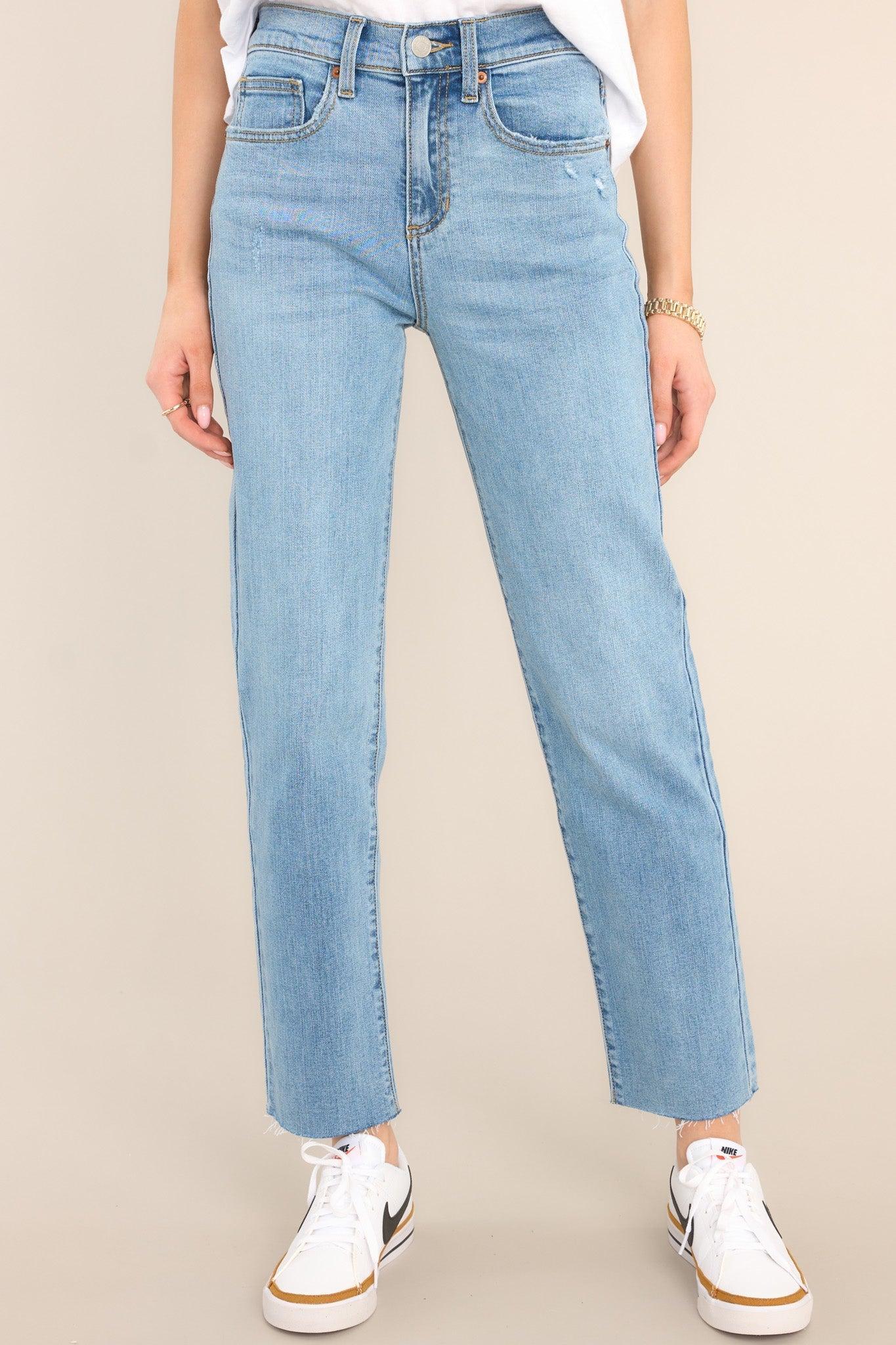 I Knew Light Wash Raw Hem Straight Leg Jeans Blue Product Image