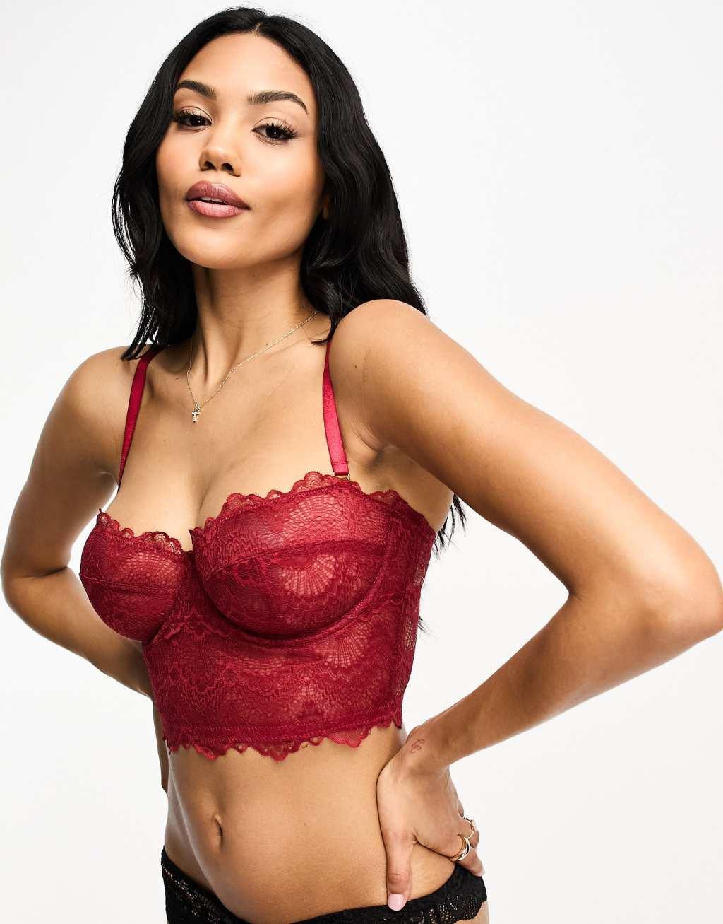 ASOS DESIGN Fuller Bust Rosie lace with detachable straps corset in burgundy Product Image