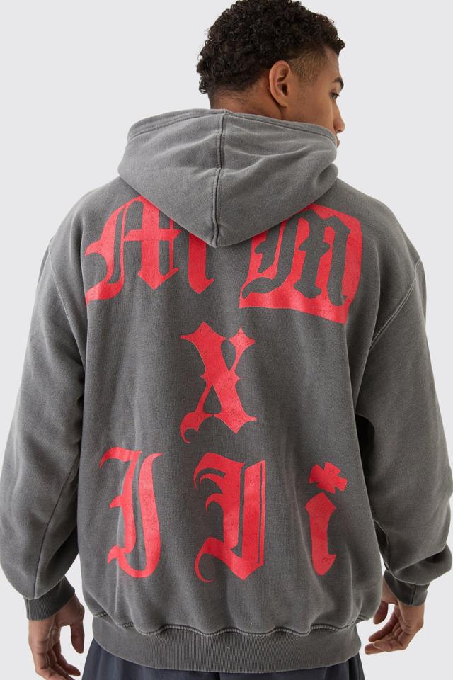 Oversized Gothic MMXIII Printed & Washed Hoodie | boohooMAN USA Product Image