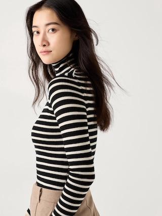 Womens Merino Ribbed Turtleneck Sweater Striped Black Small UNIQLO US Product Image