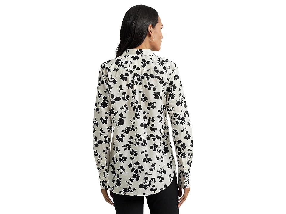 Lauren Ralph Lauren Petite Classic Fit Leaf-Print Voile Shirt (Cream/Black) Women's Clothing Product Image